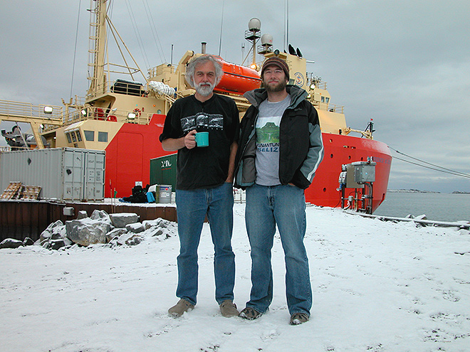 Bill Baker (l) with researcher Alan Maschek in front of the R/V LM Gould (Photo: Jim McClintock)