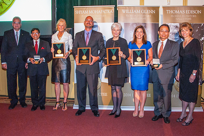 Florida Inventors Hall of Fame photo: Paul Sanberg, Shyam Mohapatra, Chris Pendleton, Joshua Hodson, Jeanne Glenn, Phoebe Cade Miles, Shin-Tson Wu, Margaret Focarino